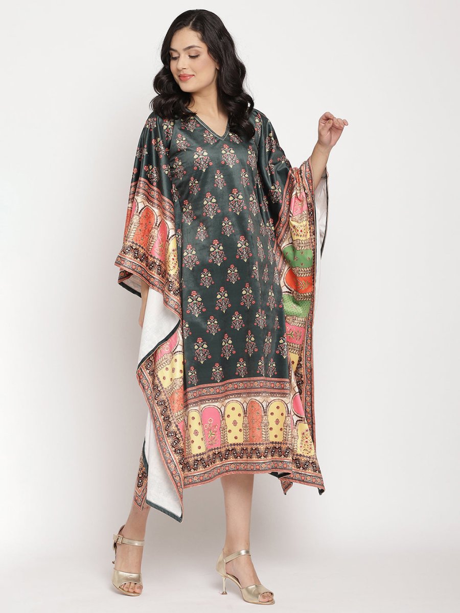 Ahalyaa Women's Dark Green Digital Print Velvet Kaftan | Swadesiicart