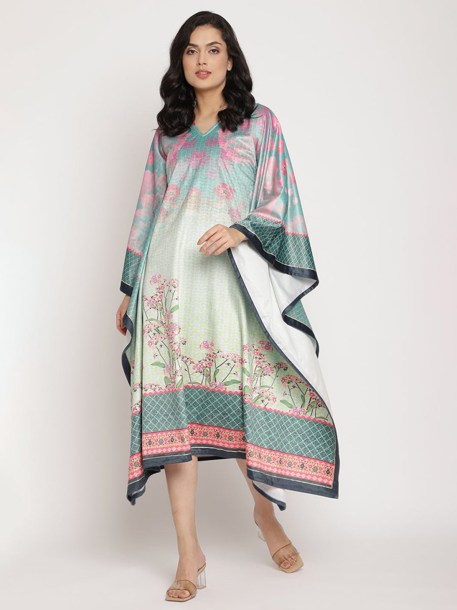 Ahalyaa Women's Sea Green Digital Print Velvet Kaftan | Swadesiicart