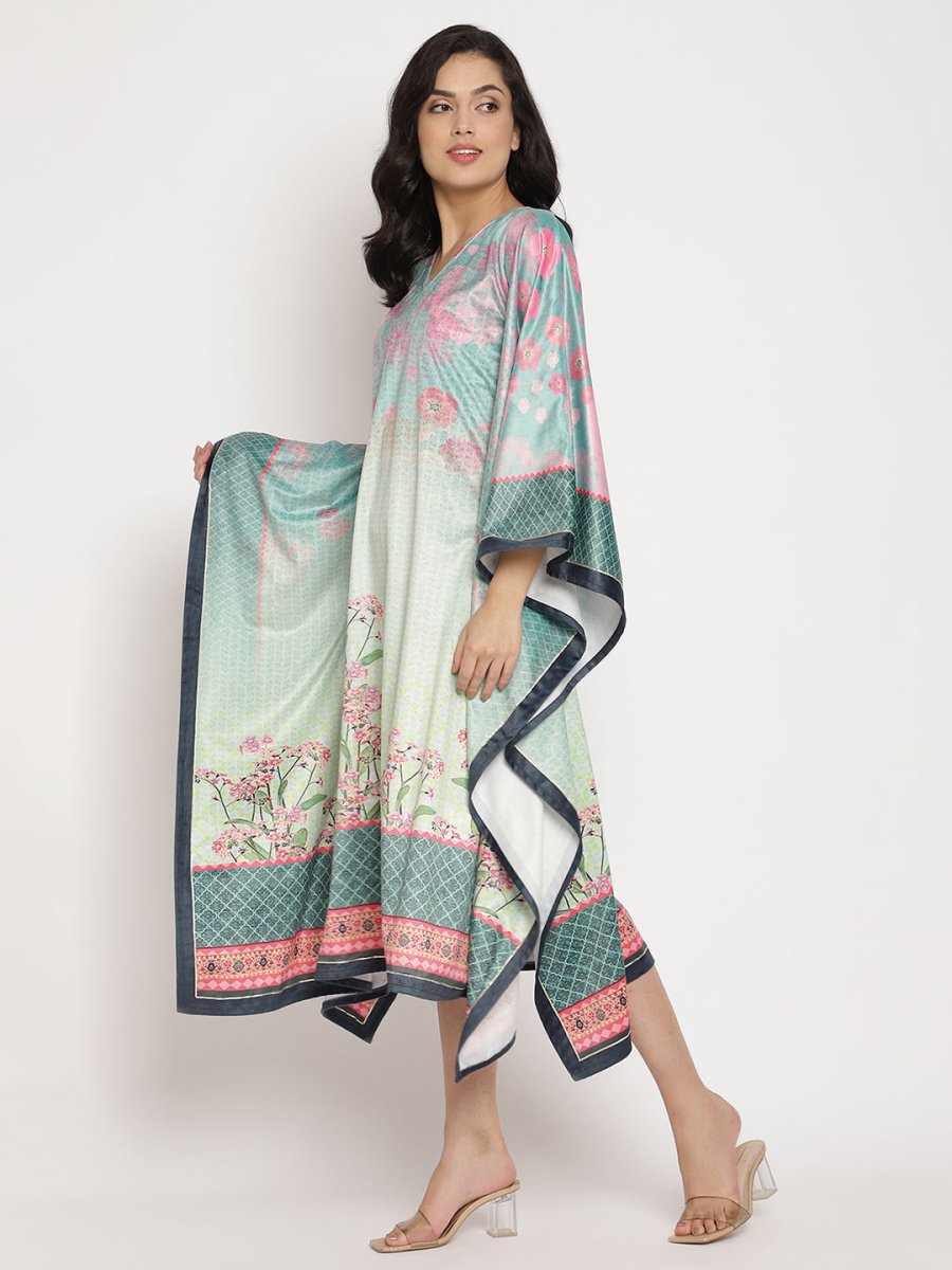 Ahalyaa Women's Sea Green Digital Print Velvet Kaftan | Swadesiicart
