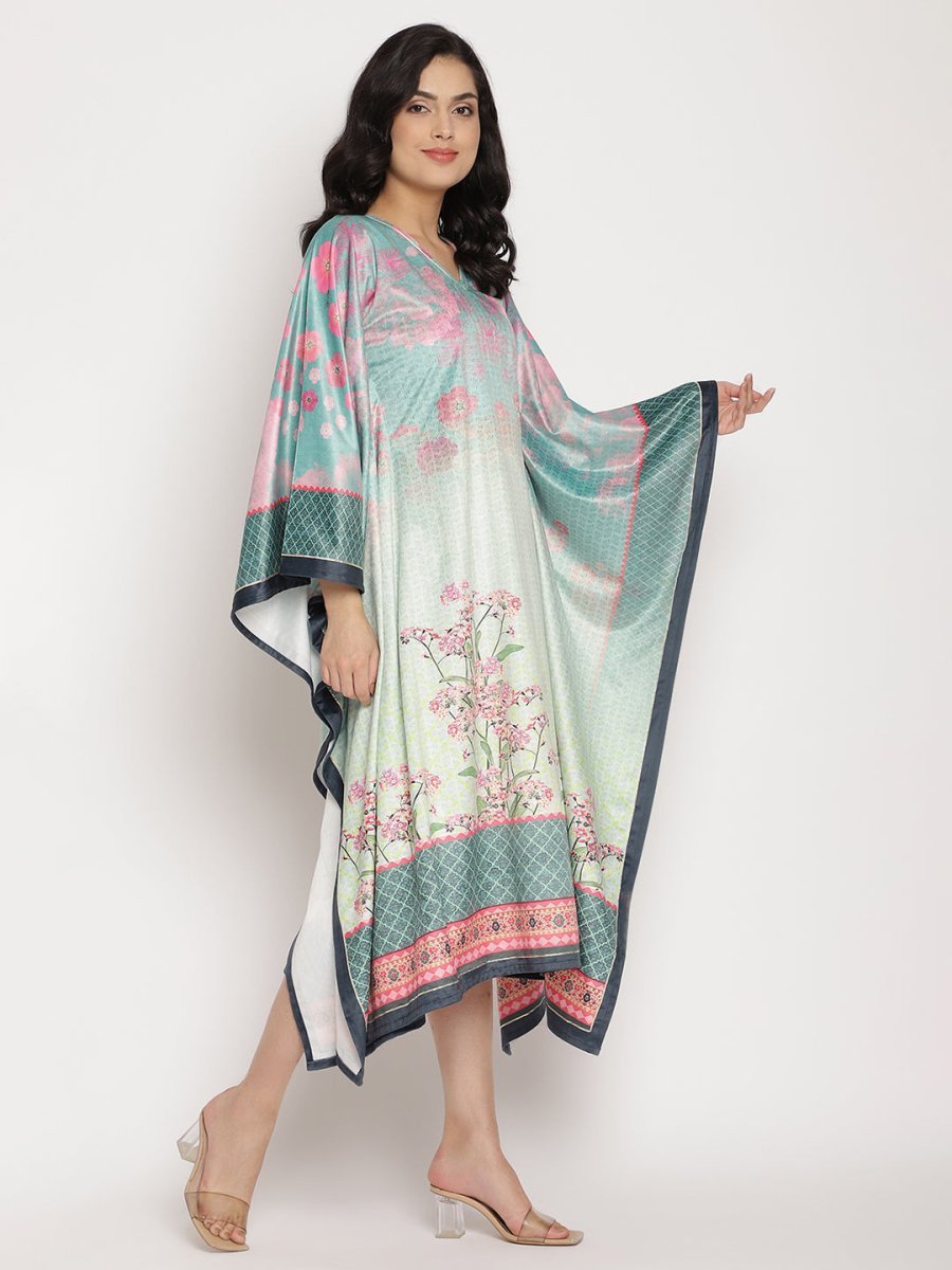 Ahalyaa Women's Sea Green Digital Print Velvet Kaftan | Swadesiicart