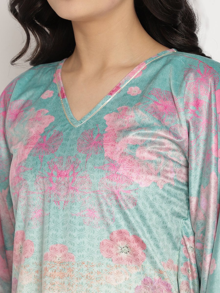 Ahalyaa Women's Sea Green Digital Print Velvet Kaftan | Swadesiicart