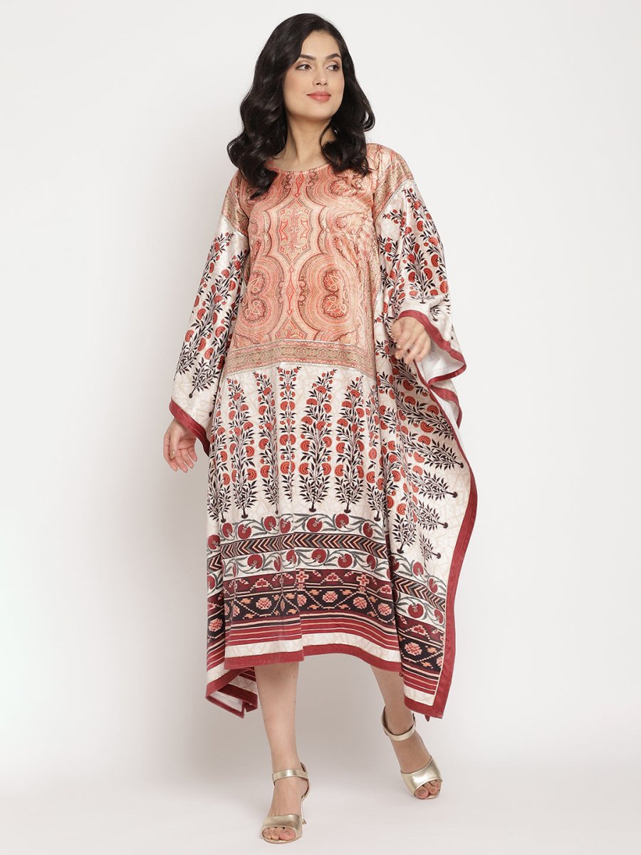 Ahalyaa Women's Beige Color Digital Print Velvet Kaftan | Swadesiicart