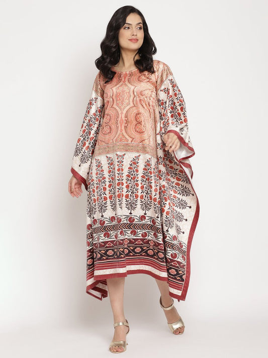 Ahalyaa Women's Beige Color Digital Print Velvet Kaftan | Swadesiicart