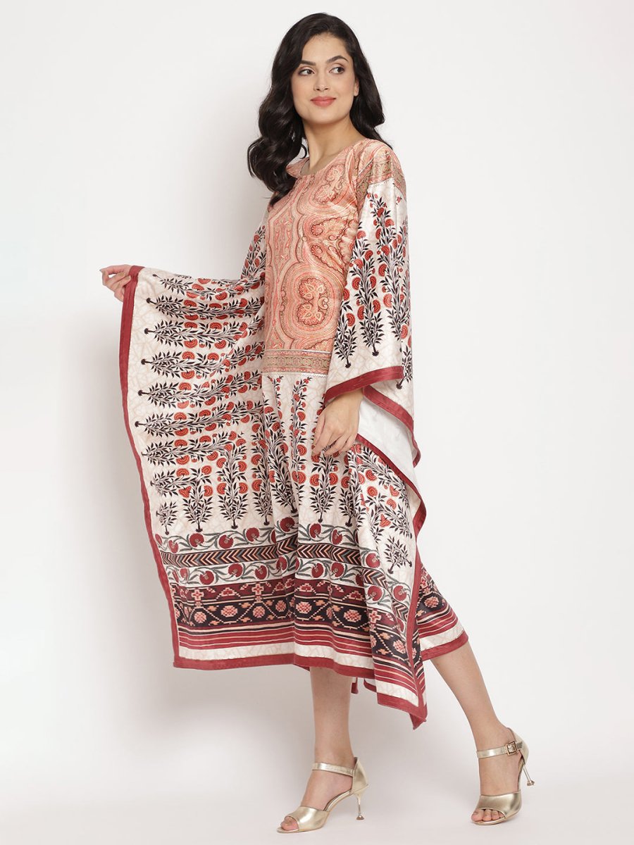 Ahalyaa Women's Beige Color Digital Print Velvet Kaftan | Swadesiicart