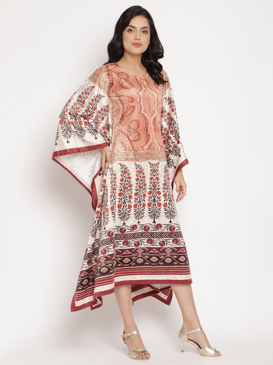 Ahalyaa Women's Beige Color Digital Print Velvet Kaftan | Swadesiicart