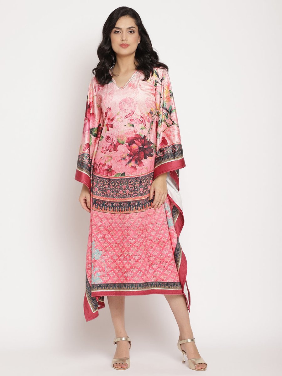 Ahalyaa Women's Pink Color Digital Print Velvet Kaftan | Swadesiicart