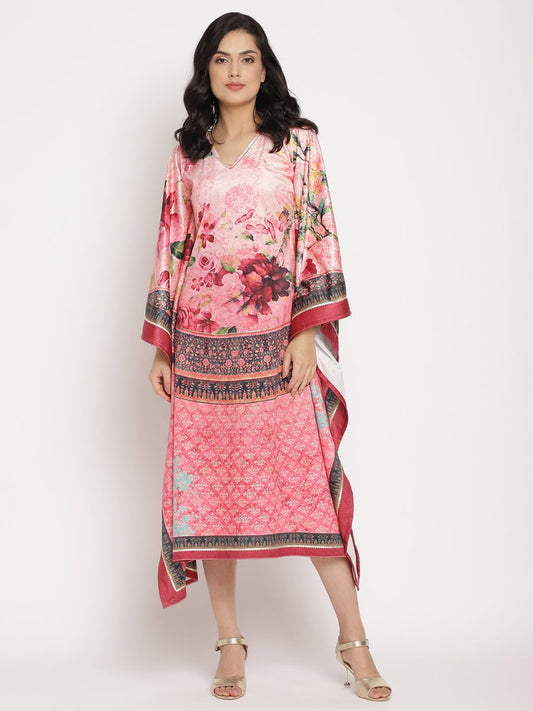 Ahalyaa Women's Pink Color Digital Print Velvet Kaftan | Swadesiicart