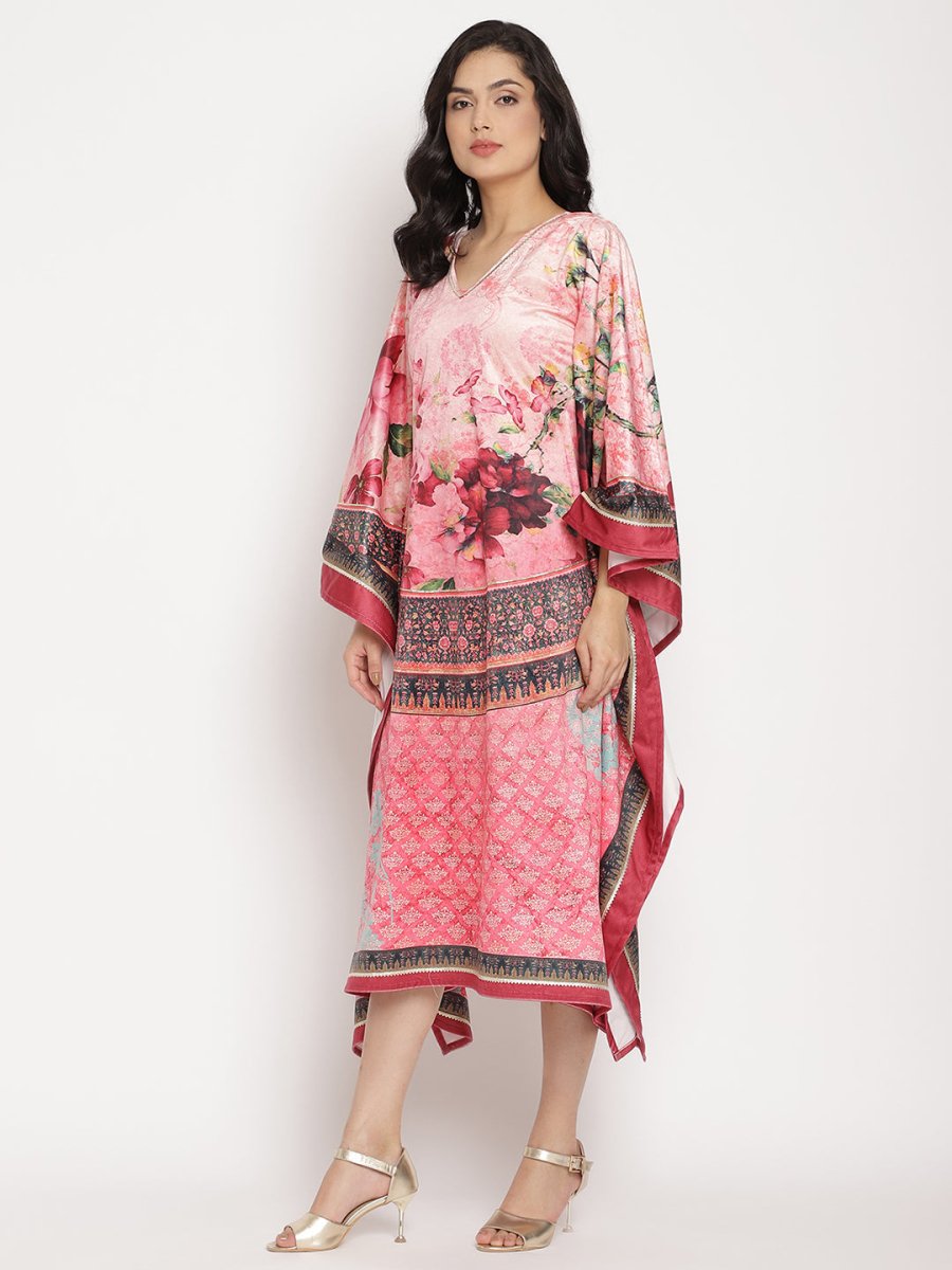 Ahalyaa Women's Pink Color Digital Print Velvet Kaftan | Swadesiicart
