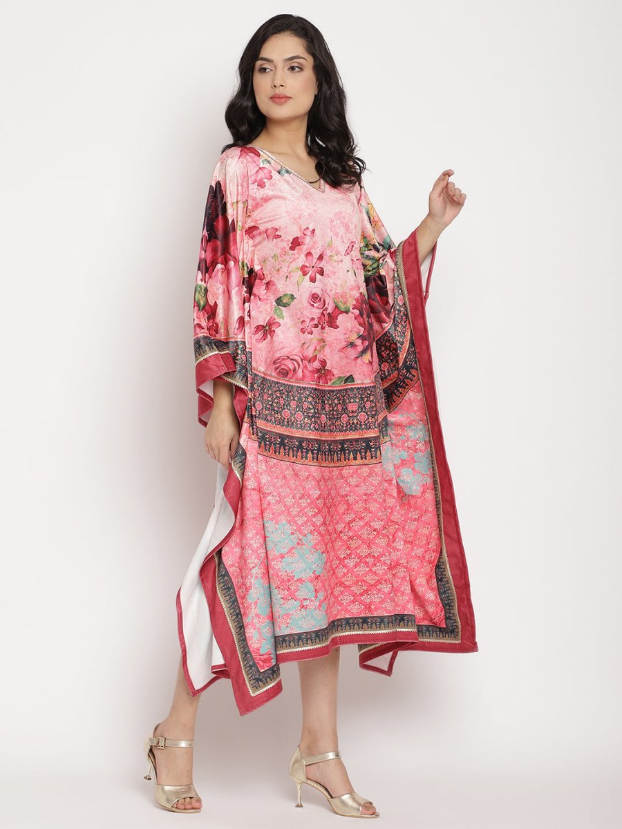Ahalyaa Women's Pink Color Digital Print Velvet Kaftan | Swadesiicart