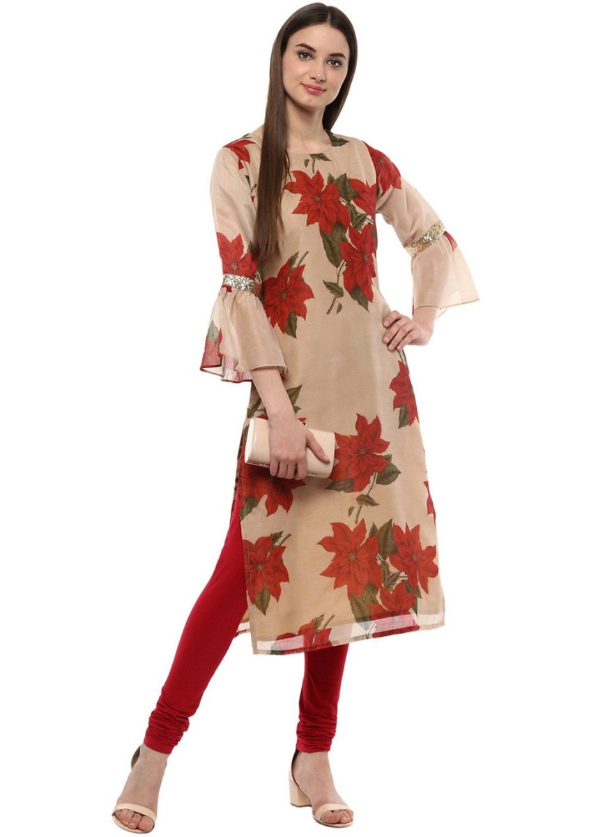 Ahalyaa Women Beige & Maroon Floral Printed Straight Kurta | Swadesiicart