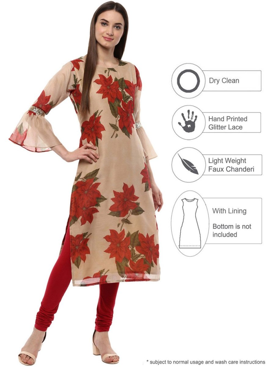 Ahalyaa Women Beige & Maroon Floral Printed Straight Kurta | Swadesiicart