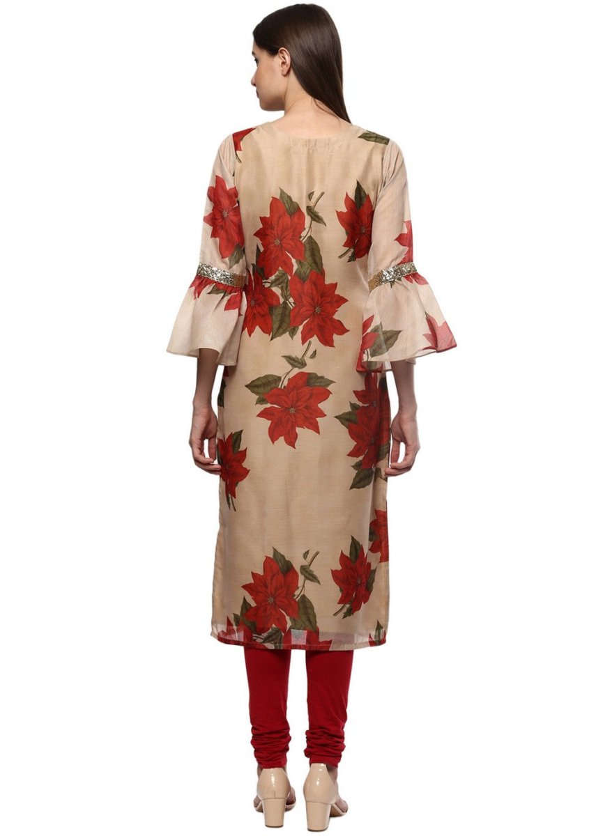 Ahalyaa Women Beige & Maroon Floral Printed Straight Kurta | Swadesiicart