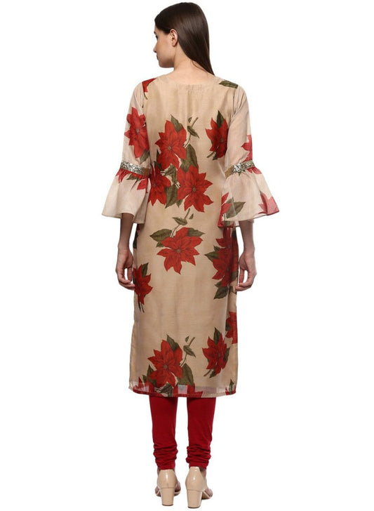 Ahalyaa Women Beige & Maroon Floral Printed Straight Kurta | Swadesiicart