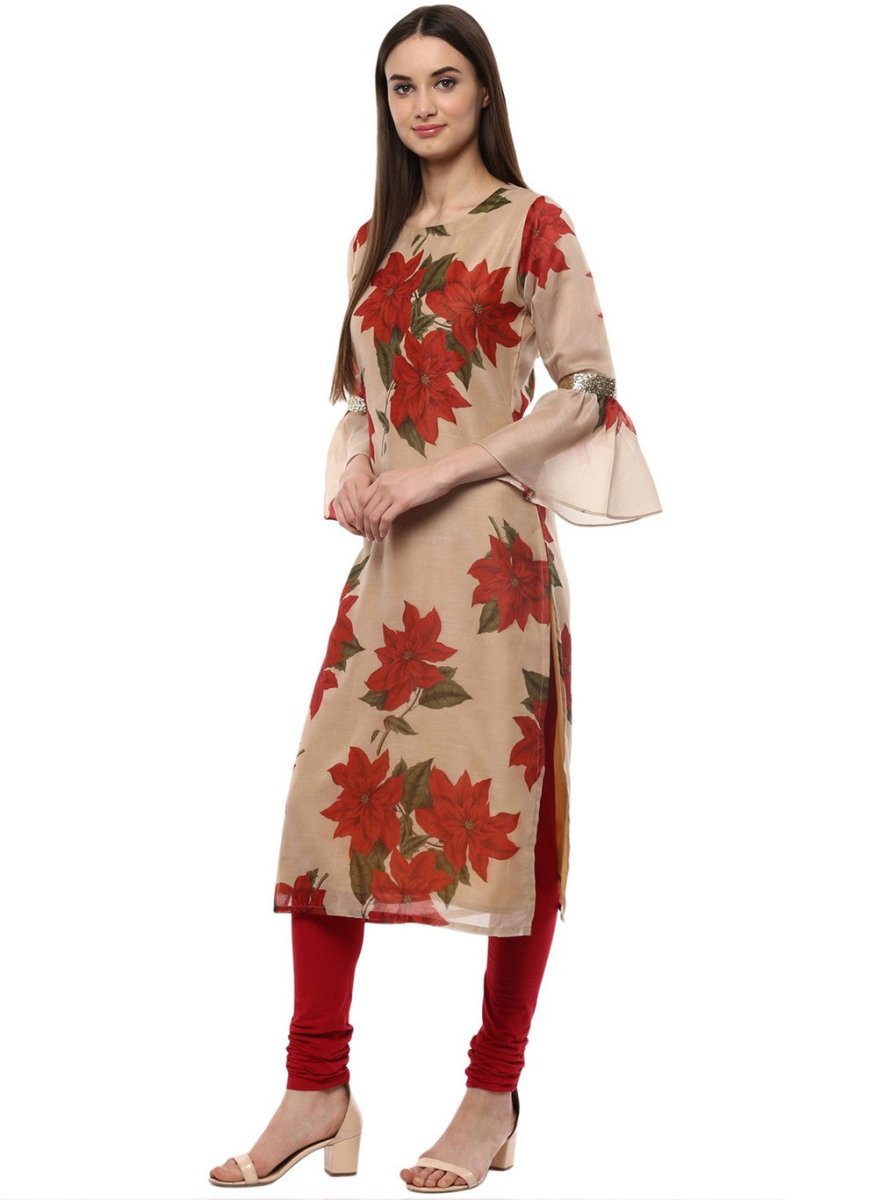 Ahalyaa Women Beige & Maroon Floral Printed Straight Kurta | Swadesiicart
