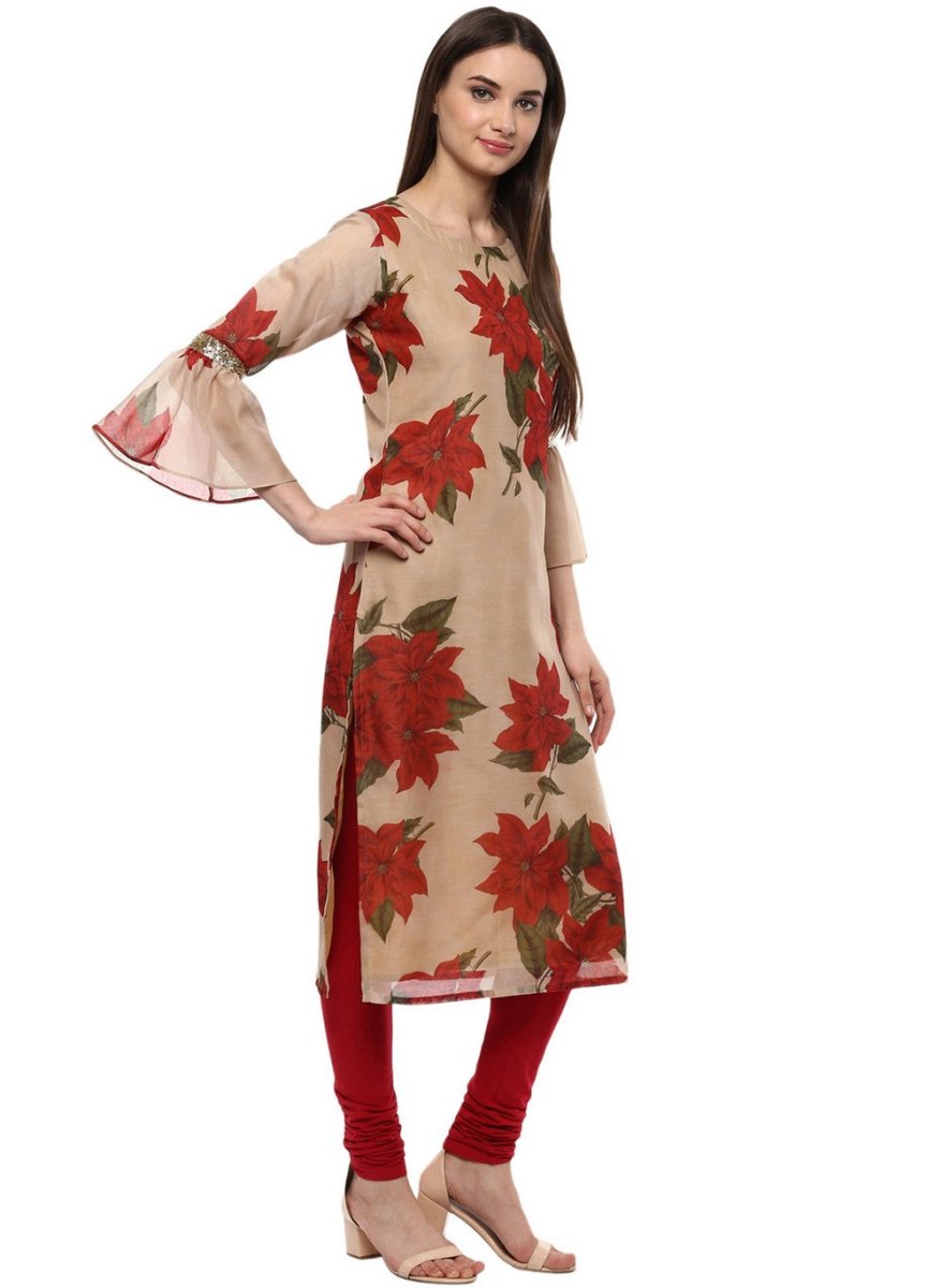 Ahalyaa Women Beige & Maroon Floral Printed Straight Kurta | Swadesiicart