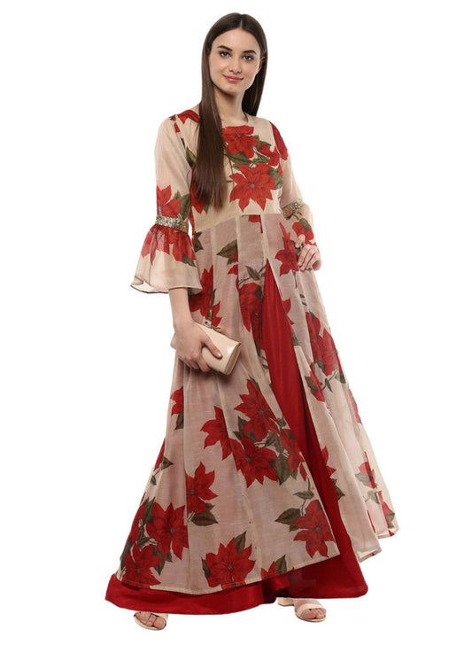 Ahalyaa Beige & Red Chanderi Floor Length Anarkali Dress | Swadesiicart