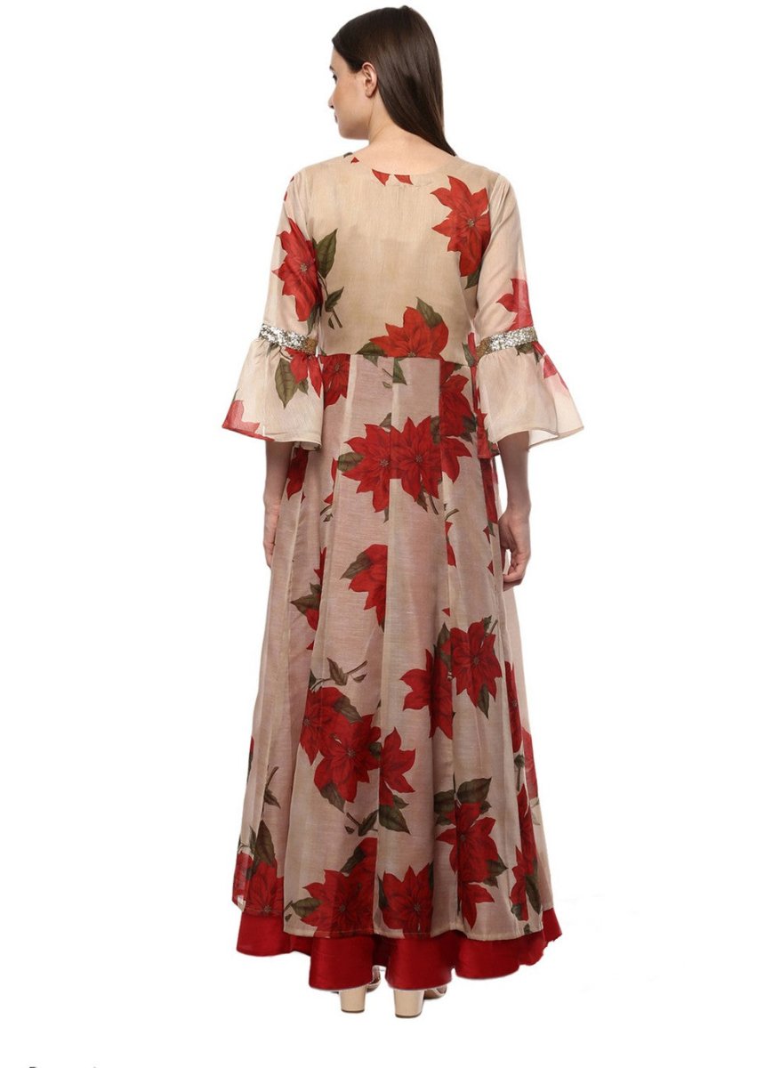 Ahalyaa Beige & Red Chanderi Floor Length Anarkali Dress | Swadesiicart