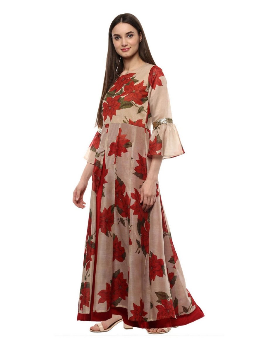 Ahalyaa Beige & Red Chanderi Floor Length Anarkali Dress | Swadesiicart