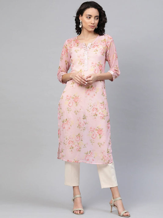 Ahalyaa Women Sheer Pink Floral Summer Chiffon Kurta | Swadesiicart