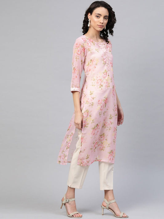 Ahalyaa Women Sheer Pink Floral Summer Chiffon Kurta | Swadesiicart
