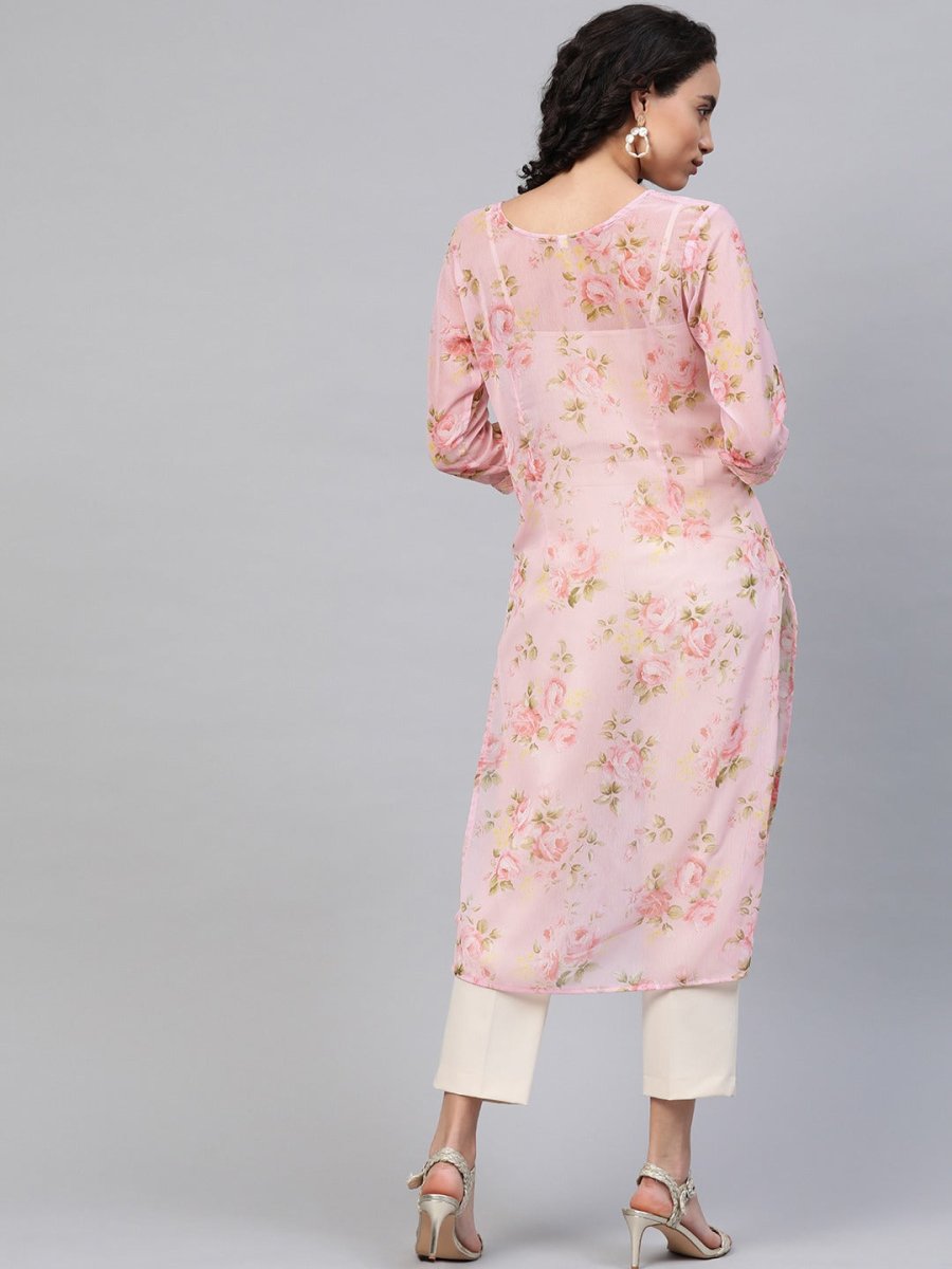 Ahalyaa Women Sheer Pink Floral Summer Chiffon Kurta | Swadesiicart