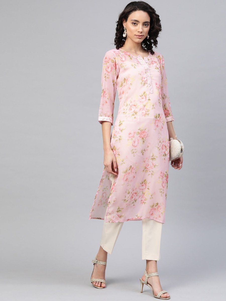 Ahalyaa Women Sheer Pink Floral Summer Chiffon Kurta | Swadesiicart