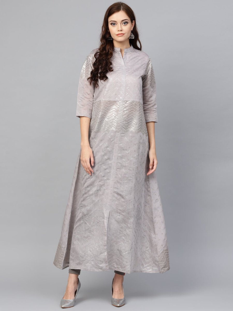 Ahalyaa Women Grey & Silver Printed A-Line Kurta | Swadesiicart