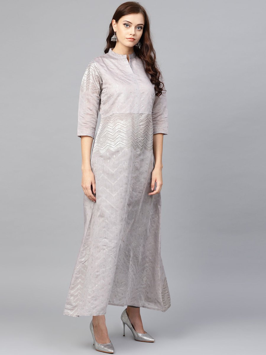 Ahalyaa Women Grey & Silver Printed A-Line Kurta | Swadesiicart