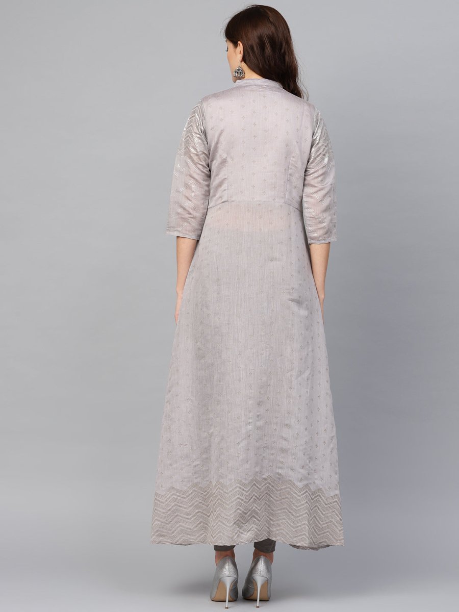 Ahalyaa Women Grey & Silver Printed A-Line Kurta | Swadesiicart