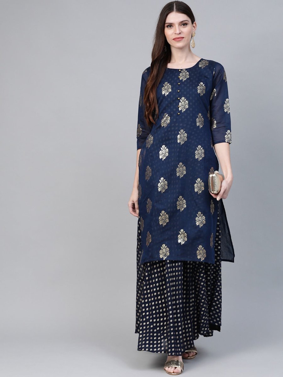 Ahalyaa Navy Blue & Golden Foil Printed Layered Maxi Dress | Swadesiicart