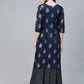 Ahalyaa Navy Blue & Golden Foil Printed Layered Maxi Dress | Swadesiicart