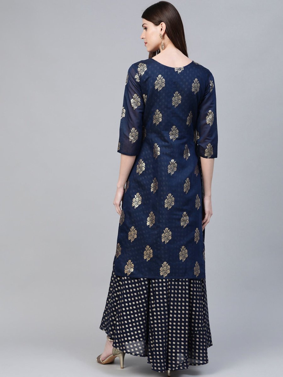 Ahalyaa Navy Blue & Golden Foil Printed Layered Maxi Dress | Swadesiicart