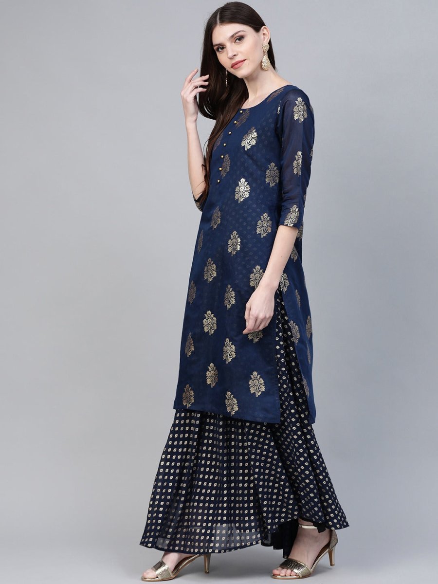 Ahalyaa Navy Blue & Golden Foil Printed Layered Maxi Dress | Swadesiicart