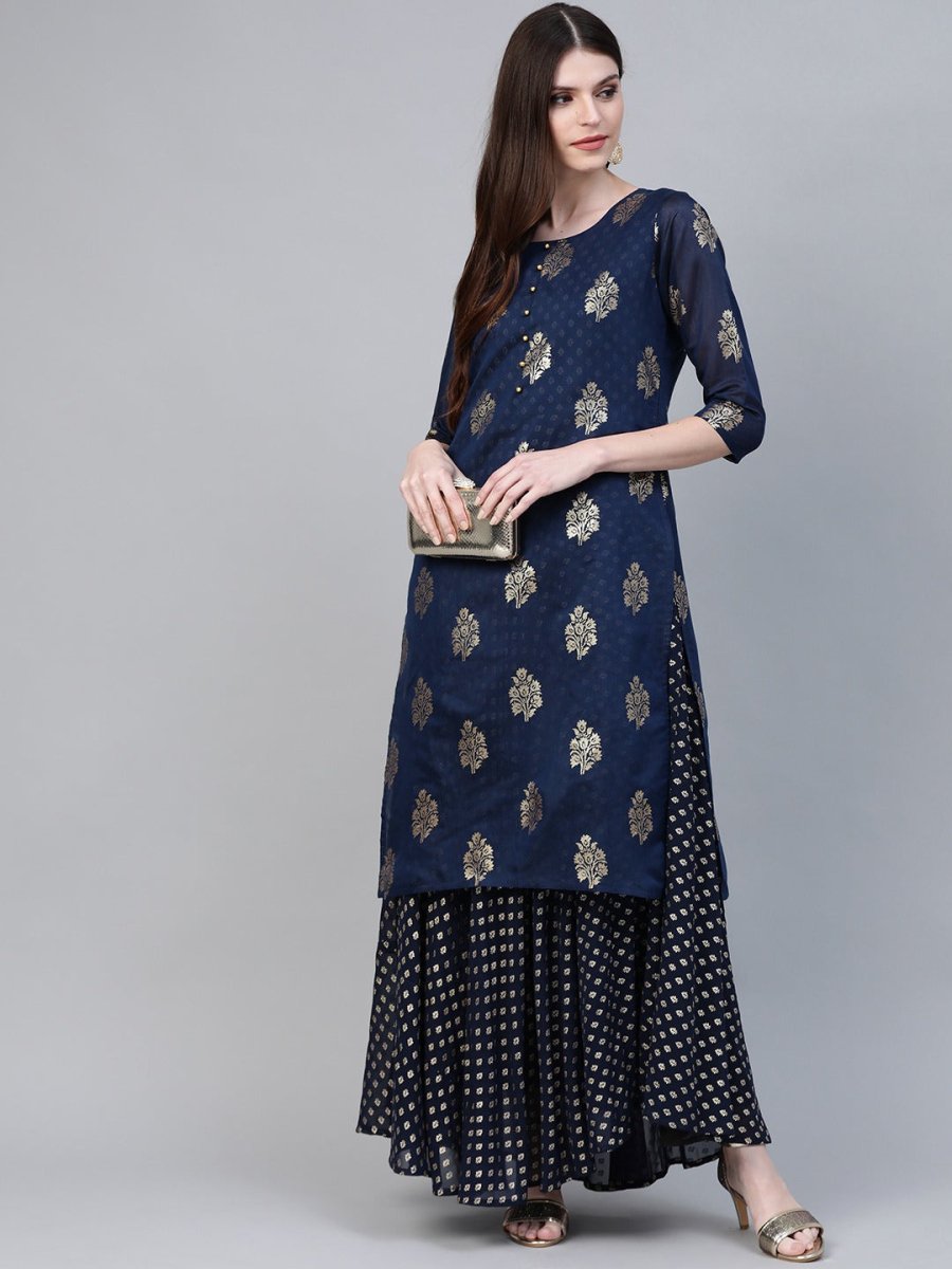 Ahalyaa Navy Blue & Golden Foil Printed Layered Maxi Dress | Swadesiicart