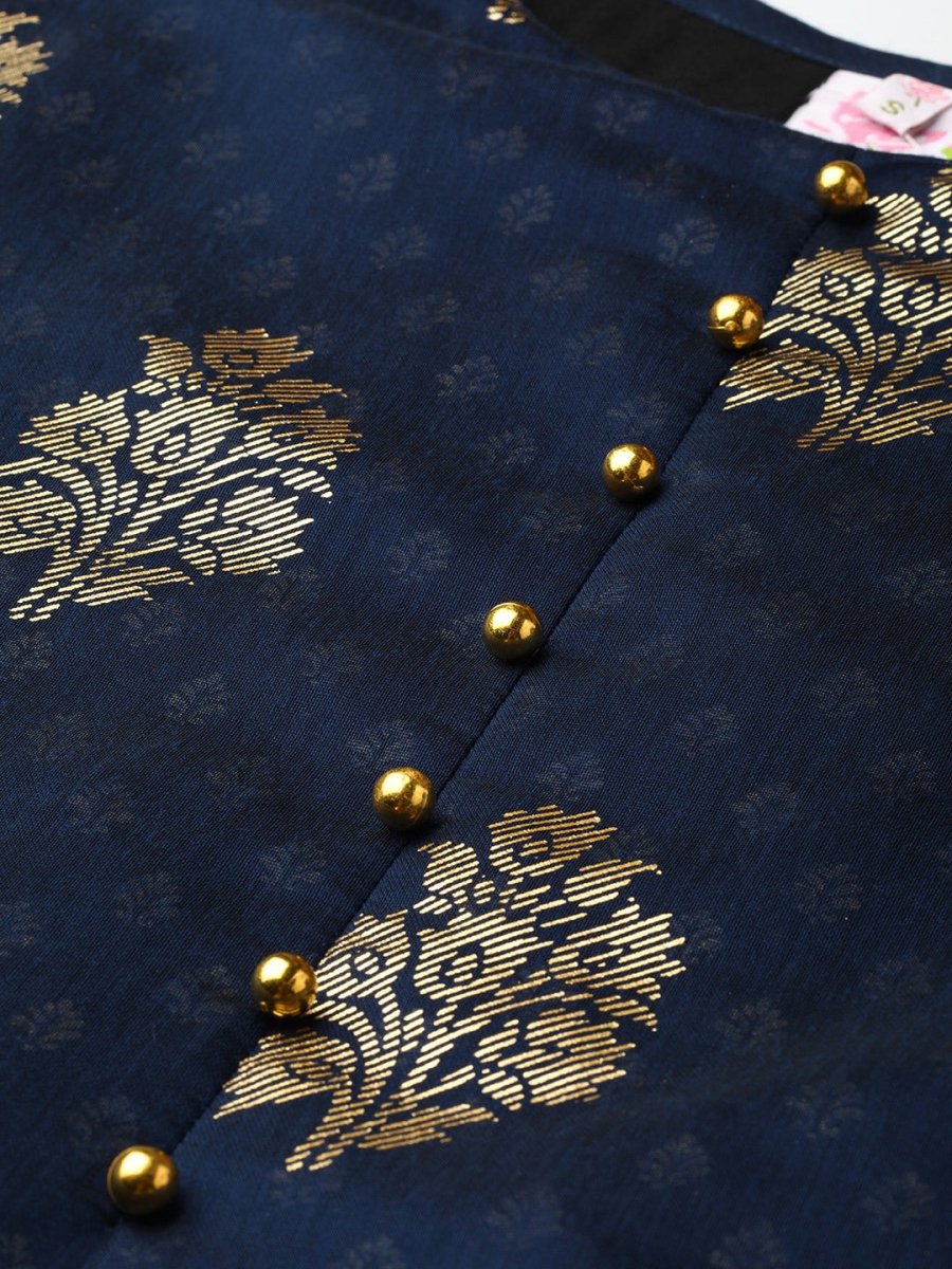 Ahalyaa Navy Blue & Golden Foil Printed Layered Maxi Dress | Swadesiicart