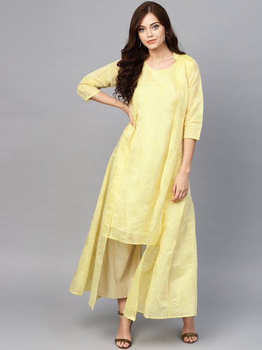 Ahalyaa Yellow Metallic Printed Koti Style Kurta For Women | Swadesiicart