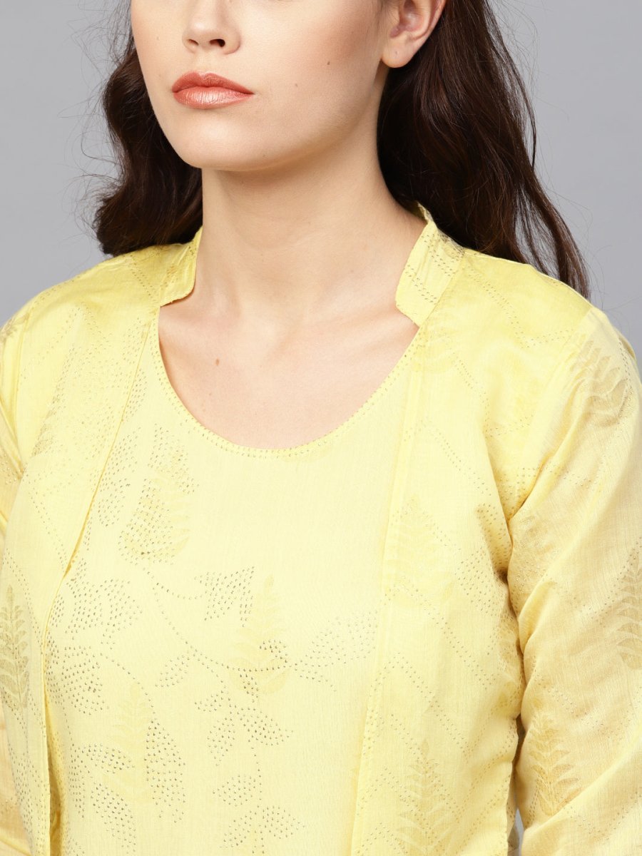 Ahalyaa Yellow Metallic Printed Koti Style Kurta For Women | Swadesiicart