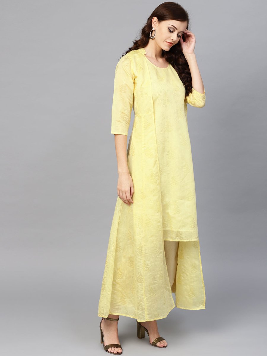 Ahalyaa Yellow Metallic Printed Koti Style Kurta For Women | Swadesiicart