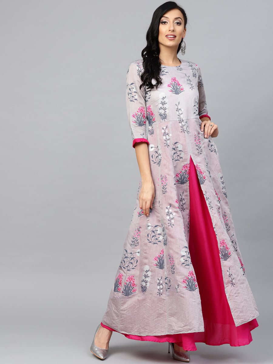 Ahalyaa Women Grey & Pink Floral Printed Layered Beautiful Maxi Dress | Swadesiicart