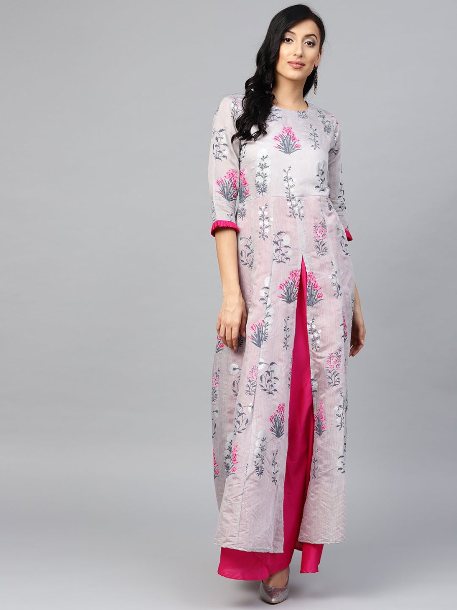 Ahalyaa Women Grey & Pink Floral Printed Layered Beautiful Maxi Dress | Swadesiicart