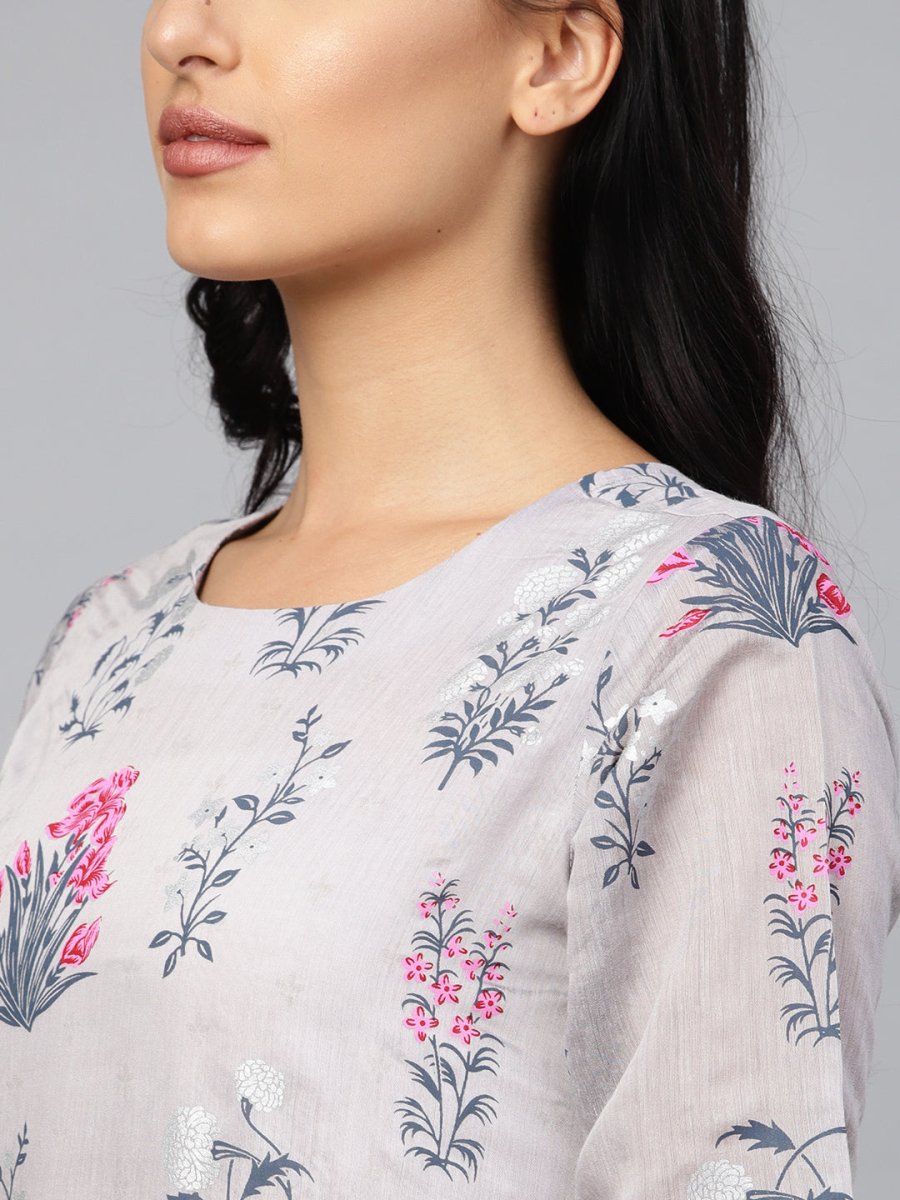 Ahalyaa Women Grey & Pink Floral Printed Layered Beautiful Maxi Dress | Swadesiicart