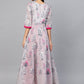 Ahalyaa Women Grey & Pink Floral Printed Layered Beautiful Maxi Dress | Swadesiicart