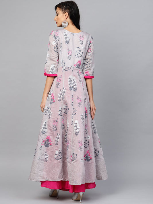 Ahalyaa Women Grey & Pink Floral Printed Layered Beautiful Maxi Dress | Swadesiicart