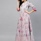 Ahalyaa Women Grey & Pink Floral Printed Layered Beautiful Maxi Dress | Swadesiicart