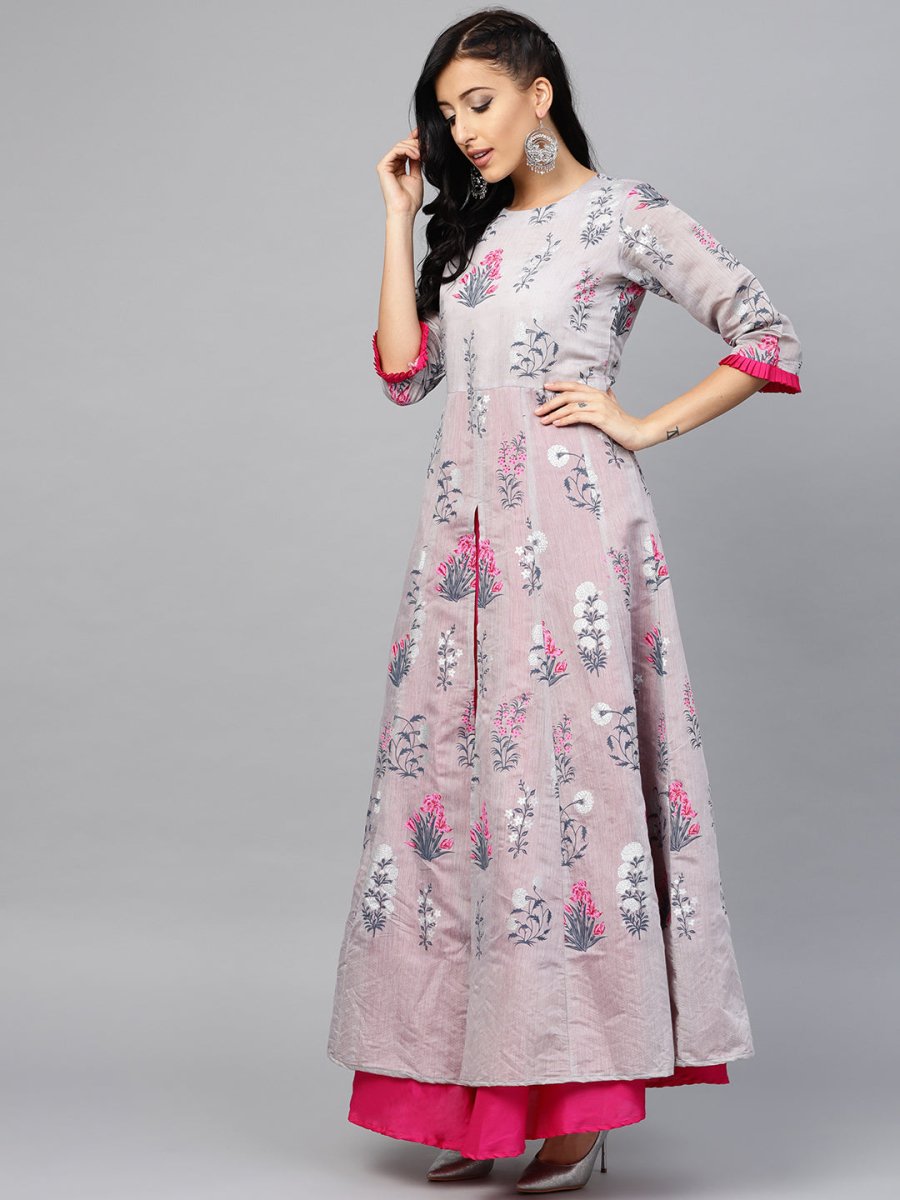Ahalyaa Women Grey & Pink Floral Printed Layered Beautiful Maxi Dress | Swadesiicart