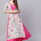 Ahalyaa Grey & Pink Floral Print Layered Anarkali Kurta | Swadesiicart