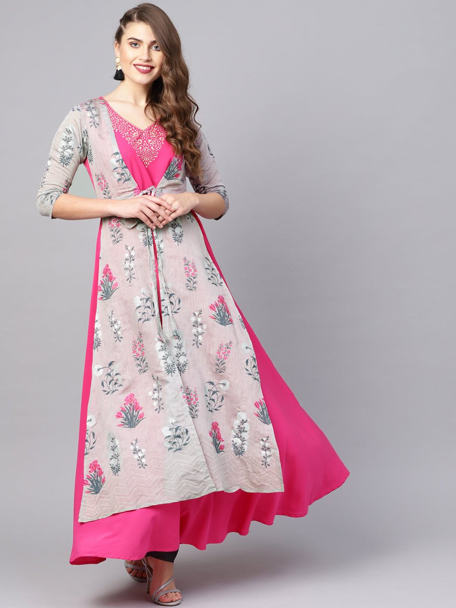 Ahalyaa Grey & Pink Floral Print Layered Anarkali Kurta | Swadesiicart