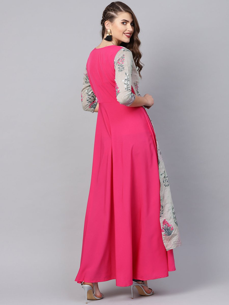 Ahalyaa Grey & Pink Floral Print Layered Anarkali Kurta | Swadesiicart