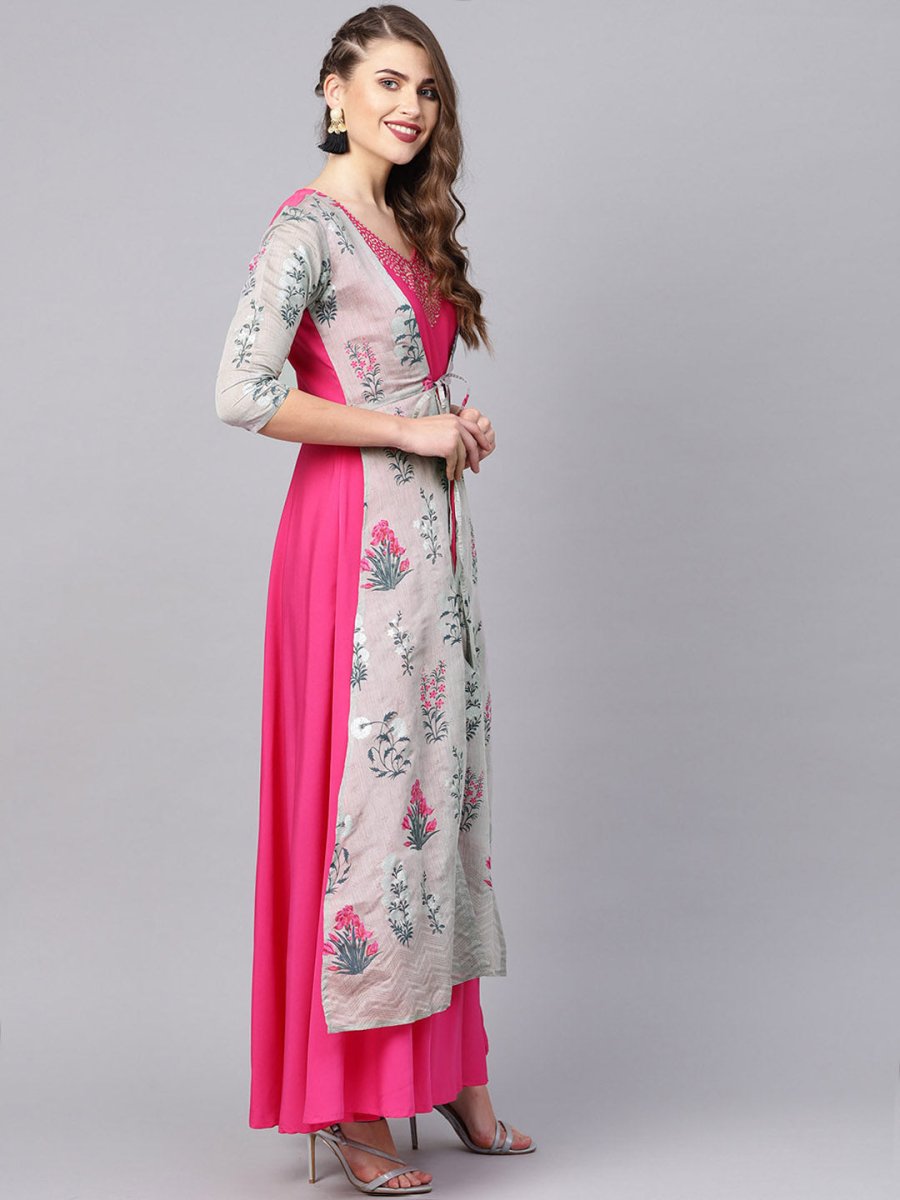 Ahalyaa Grey & Pink Floral Print Layered Anarkali Kurta | Swadesiicart