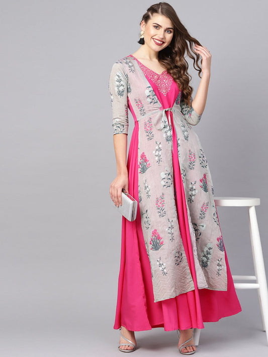 Ahalyaa Grey & Pink Floral Print Layered Anarkali Kurta | Swadesiicart
